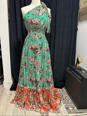 One-Shoulder Floral Maxi Dress in Green with Pink & Orange Accents